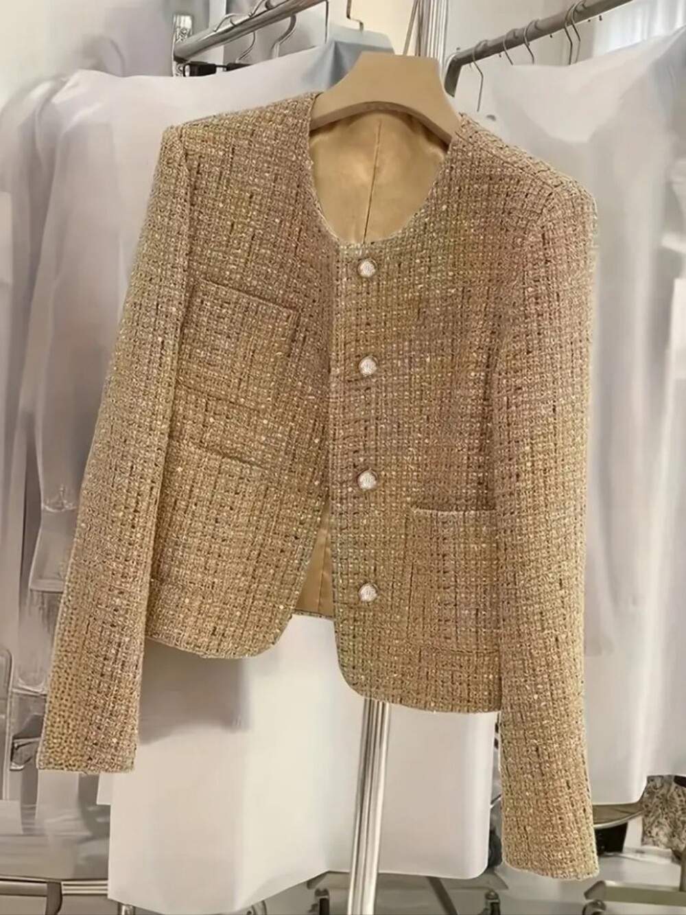 Elegant Special Item, Women Round Neck Lustrous Tweed Short Sleeve Short Jacket